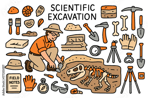 Paleontologist's Doodle Delight. Scientific excavation. Hand-drawn doodle illustration paleontologist (colored), dinosaur skeleton (colored), fossils