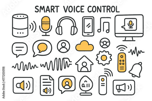 Smart Voice Control Icons. Smart voice control. Hand-drawn doodle illustration smart speaker (colored), microphone (colored), headphones (colored), smartphone