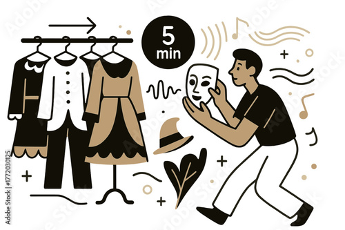 Backstage Preparation. Amphitheater ? Backstage Calm. Costumes hang in tidy rows; a stagehand adjusts a mask while a tiny ? min? callout glows. Soft sound