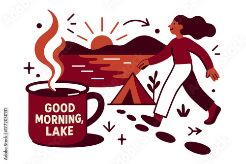 Dawn Coffee by Lake. Dawn coffee on the shore. Steam curls from an enamel mug as the first light paints the ridge; ?Good morning, lake? glows. Footprints lead