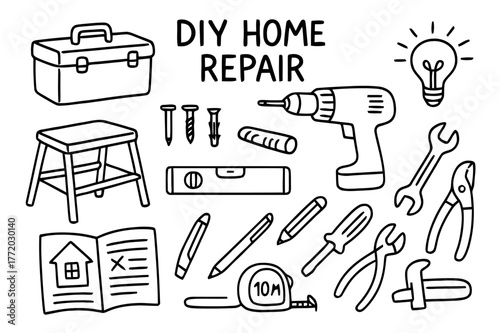 DIY Tool Doodle. DIY home repair. Hand-drawn doodle illustration DIY home repair toolbox, drill, screws, anchors, level, measuring tape, pencil, utility knife,