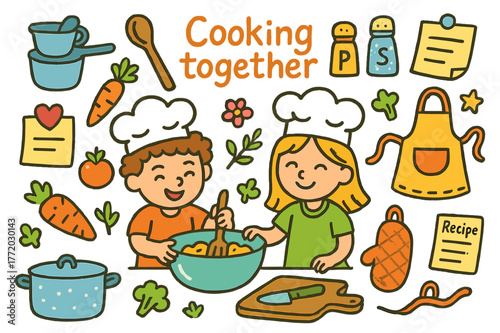 Kids Cooking Adventure. Cooking together. Colorful Hand-drawn doodle Children illustration Cooking together chef hats, mixing bowl, wooden spoon, measuring