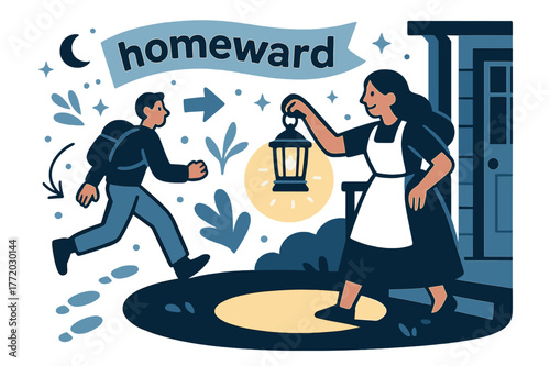 Lantern-lit Homecoming. Keeper of the Hearth ? Lantern on the Porch. A small lantern casts a welcoming circle; footprints approach through the dusk. Banner