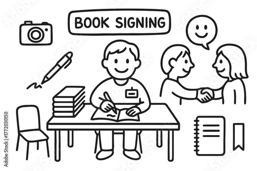 Book Signing Doodle. Book signing. Hand-drawn doodle illustration book signing author, table, pen, stack of books, autograph, smile face, bookmark, name tag,