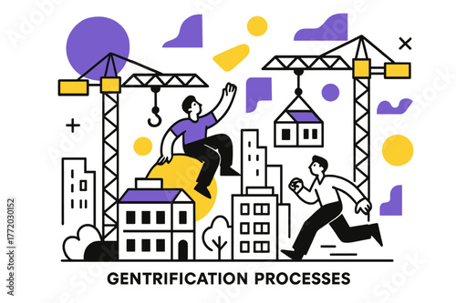 Urban Renewal Imagery. Gentrification Processes. Construction cranes over city buildings with floating abstract geometric shapes, representing urban renewal