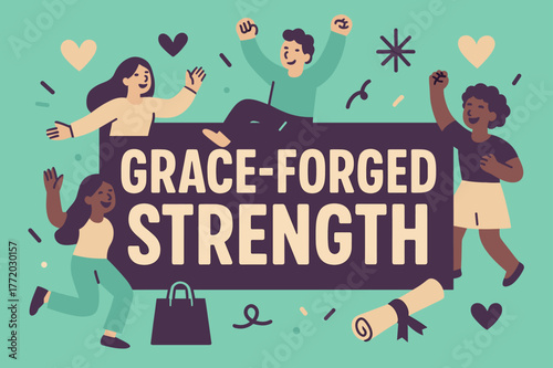 Grace-Forged Celebration. Grace-Forged Strength banner, flat vector illustration, bold oversized text inside rectangular frame, cartoon characters dancing and