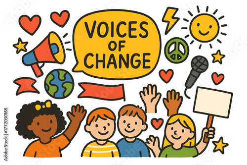 Voices of Change Icons. Voices of change. Colorful Hand-drawn doodle Children illustration Voices of change megaphone, speech bubble, raised hands, globe,