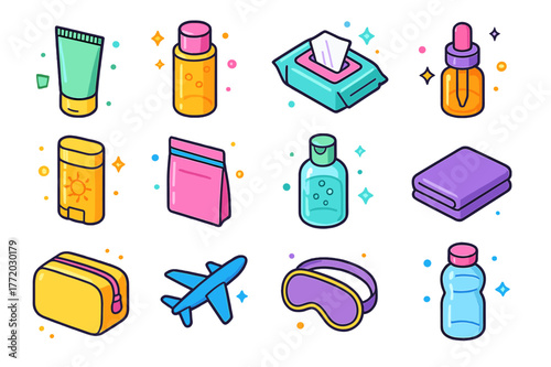 Travel Skincare Icons. Travel skincare hygiene. Colorful isometric vector icons set of Travel skincare hygiene: mini cleanser tube, travel-sized toner, facial