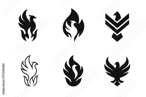 Fairy-tale Logo Set. fairy-tale creatures. Set Logo of fairy-tale creatures: Phoenix rising plume. Icon set. harmonious logo variations of the same emblematic