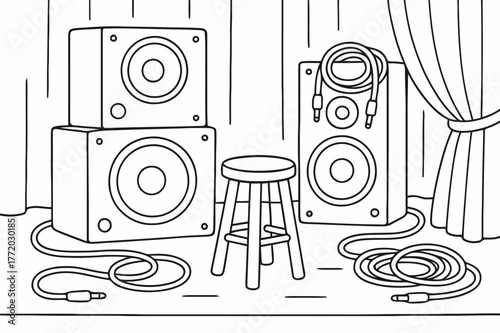 Backstage Setup Coloring Page. Backstage equipment view children?s coloring book illustration, outlined drawing, a stage with stacked speakers, cables, and a