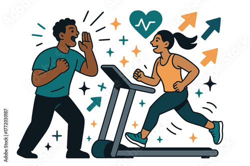 Energetic Cardio Motivation. Workout motivation. Personal trainer cheering client during cardio session with abstract floating arrows, icons, and sparkles;
