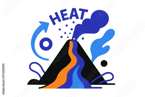 Dynamic Volcanic Landscapes. Abstract Landscapes ? Volcanic Shapes. Triangular peak glows with a clean lava ribbon; sparks rise as geometric dots. Caption