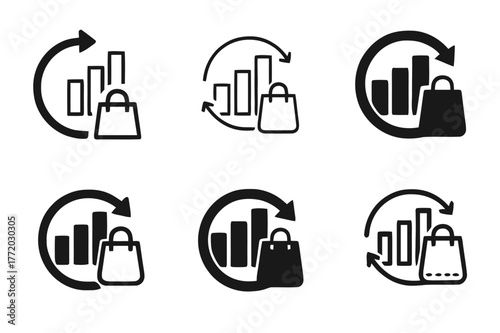Retail Trend Logos. Retail trend graph. Set Logo of Retail trend graph: Inventory turnover cycle. Icon set. harmonious logo variations of the same emblematic