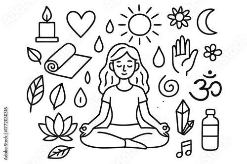 Yoga Mindfulness Illustrations. Yoga and mindfulness. Hand-drawn doodle illustration Yoga and mindfulness lotus pose, yoga mat, candle, leaf, heart, sun, moon,