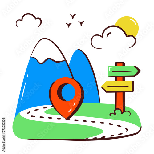 A unique design icon of mountains with hot air balloon showcasing hills station