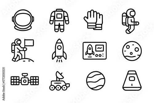 Astronaut Icon Set. Astronauts and discovery. Line icon set of astronauts: helmet, suit, gloves, jetpack, flag, rocket, control panel, moon surface, satellite,