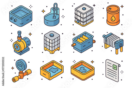 Industrial Wastewater Icon Set. Industrial wastewater control. Colorful isometric vector icons set of Industrial wastewater control: equalization tank,