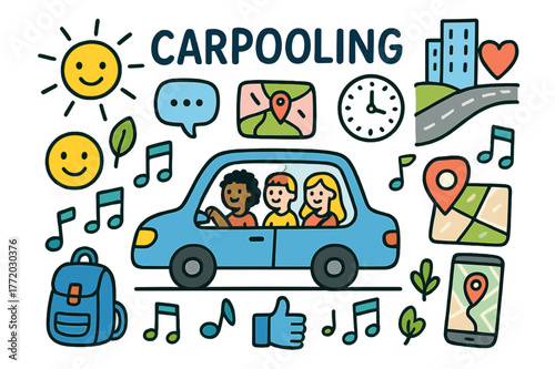 Colorful Carpool Doodle. Carpooling. Colorful Hand-drawn doodle Children illustration Carpooling car, people, map, chat bubble, sun, clock, heart, leaf, city