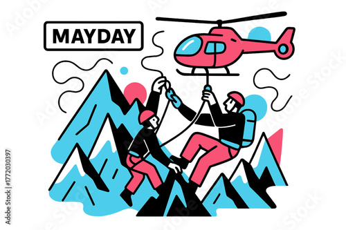 Helicopter Mountain Rescue. High-Altitude Ridge Pickup. Thin air, sharp peaks; the helicopter noses in while a climber clips into the hoist. A minimalist