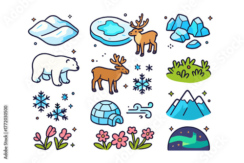 Tundra Icons Set. Tundra landscape. Colorful isometric vector icons set of tundra landscape: snow-covered hills, frozen lake, icy rocks, polar bear, reindeer,