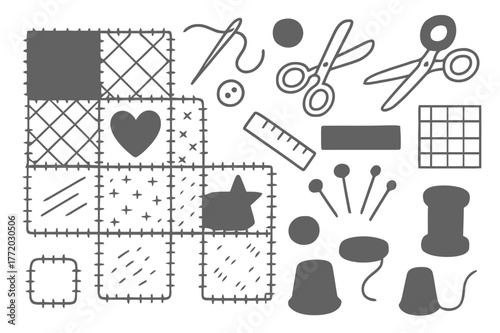 Patchwork Quilting Icons. Patchwork quilting. Hand-drawn doodle illustration patchwork quilting fabric squares, stitching lines, heart, star, needle, thread,