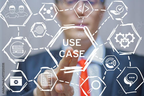 Business person using virtual touch screen presses the words USE CASE. Use case analysis business education technology concept.