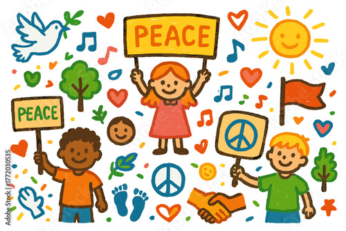 Colorful Peaceful Protest. Peaceful protest. Colorful Hand-drawn doodle Children illustration Peaceful protest signs, doves, banners, hearts, smiling faces,