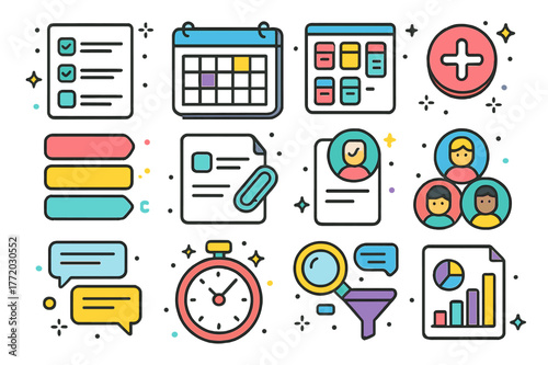 Colorful Productivity Icons. Productivity app UI. Colorful isometric vector icons set of productivity app UI: task list, calendar view, kanban board, add task