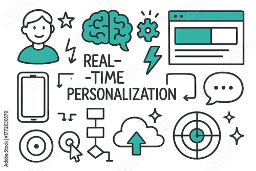 Real-Time Personalization Icons. // Real-time personalization. Hand-drawn doodle illustration Real-time personalization [user profile (accented), AI brain