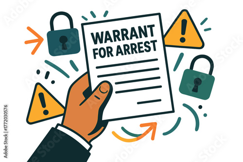 Dynamic Arrest Scene. Warrant for arrest. Hand holding official arrest document with abstract floating warning icons, locks, and exclamation marks; emphasizes