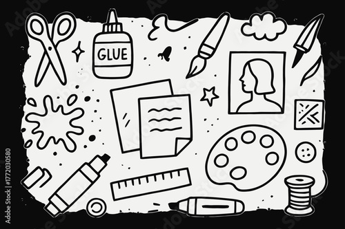 Creative Art Tools. Mixed media art. Hand-drawn doodle illustration mixed media art scissors, glue, brush, pen, paper, magazine cutout, paint splatter, ruler,