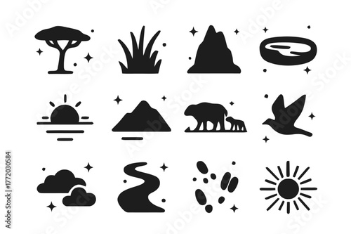 Savanna Icon Set. Savanna Landscape. Solid icons set of Savanna Landscape: acacia tree, tall grass, termite mound, watering hole, sunset, mountain, herd