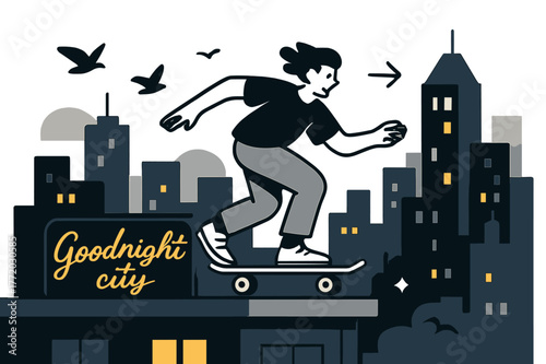 Skateboarder Skyline Dusk. City skyline at dusk. A skateboarder rolls along a rooftop edge while windows blink on; neon ?Goodnight city? hums softly. Birds