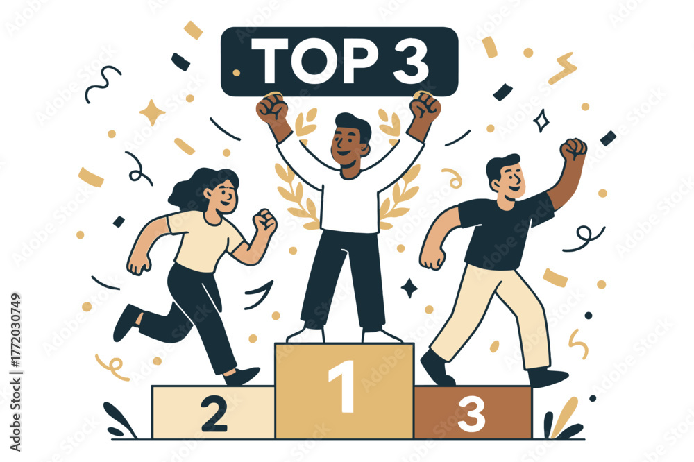 Obraz premium Vibrant Podium Celebration. Podium confetti. Gold, silver, bronze rise into a tidy stair; ?Top ? glows as paper bits drift. A laurel wreath icon clicks around