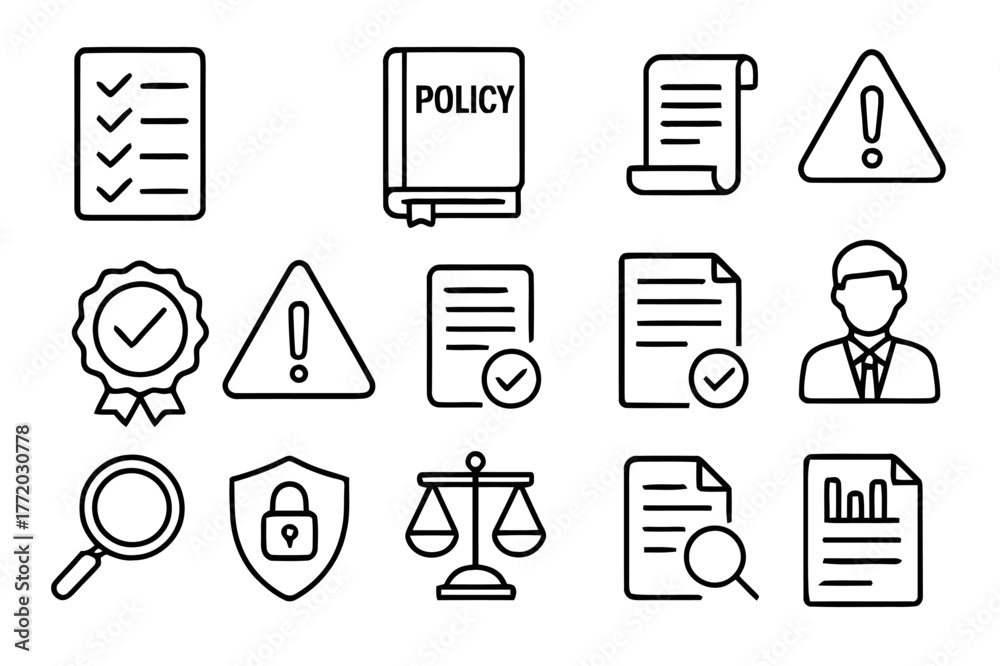 Fototapeta premium Legal Compliance Icons. Legal Compliance. Line icon set of Legal Compliance: checklist, policy book, rule document, law scroll, tick badge, warning triangle,