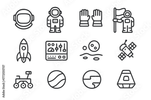 Astronaut Icon Set. Astronauts and discovery. Line icon set of astronauts: helmet, suit, gloves, jetpack, flag, rocket, control panel, moon surface, satellite,