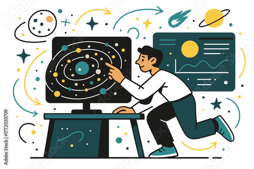 Asteroid Belt Analysis. Asteroid belt studies. Astronomer analyzing asteroid belt data on digital screens with abstract floating orbit paths and celestial