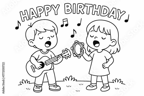 Musical Birthday Celebration. Musical instruments birthday song children?s coloring book illustration, outlined drawing, kids playing guitar and tambourine