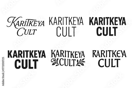 Kartikeya Lettering Variations. Karitkeya Cult. Set lettering. harmonious lettering variations of the same emblematic concept, each with different artistic