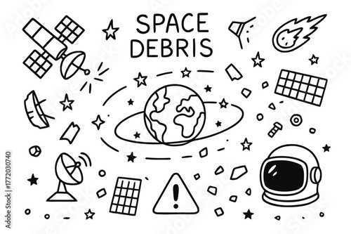 Space Debris Doodle. Space debris. Hand-drawn doodle illustration space debris satellite, rocket fragment, broken antenna, orbit path, Earth, space junk