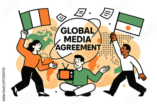 Global Media Treaty. Television licensing and regulations ? International broadcast treaty. Flags stylized as geometric color blocks; dotted lines connect