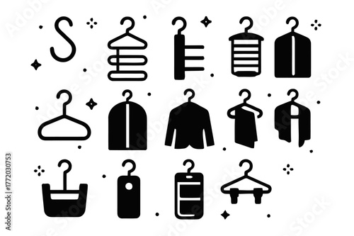 Closet Hook Icons. Closet organization hooks. Solid icons set of Closet organization hooks: S-hook, cascading hanger, belt hook, tie rack, purse hanger,
