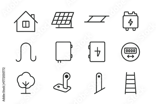 Rooftop Solar Icons. Rooftop solar. Line icon set of rooftop solar: house roof, solar panel, mounting rails, microinverter, conduit, combiner box, disconnect