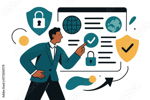 Global Privacy Compliance. Online privacy laws and their global implications. Businessperson reviewing compliance dashboard with abstract floating shields,
