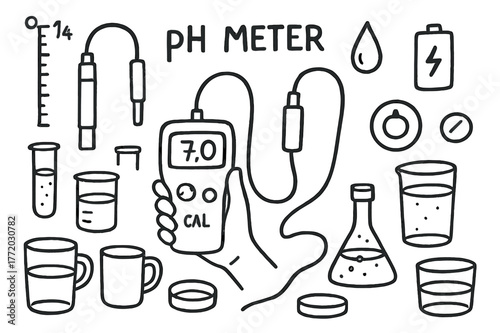 pH Meter Doodle. pH meter. Hand-drawn doodle illustration pH meter digital display, probe, test tube, beaker, droplet, battery icon, calibration knob, number