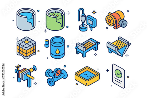 Industrial Wastewater Icons. Industrial wastewater control. Colorful isometric vector icons set of Industrial wastewater control: equalization tank,
