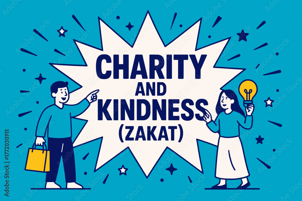 Obraz premium Charity Banner Design. Charity and Kindness (Zakat) banner, flat vector illustration, bold oversized text inside splash explosion, cartoon characters standing