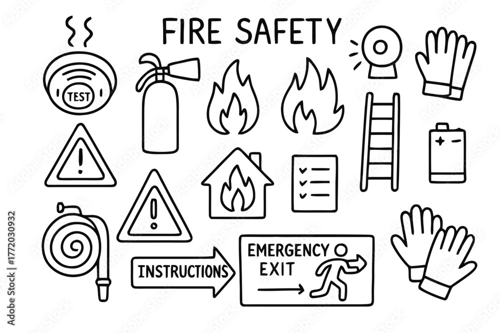 Fototapeta premium Fire Safety Icons. Fire Safety. Hand-drawn doodle illustration Fire Safety smoke detector, fire extinguisher, flames, alarm sound, battery, ladder, test