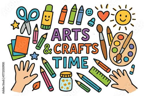 Crafting Fun Icons. Arts and crafts time. Colorful Hand-drawn doodle Children illustration Arts and crafts time scissors, glue stick, crayons, colored paper,
