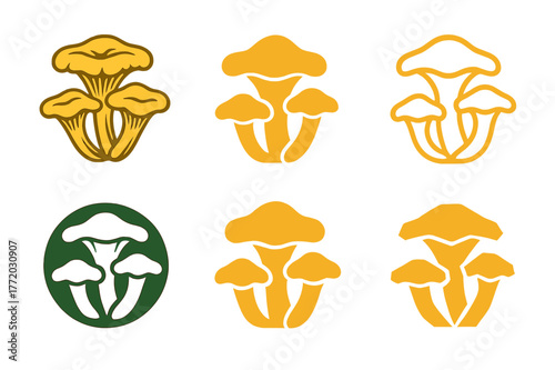 Mushroom Foraging Logos. Mushroom foraging. Set Logo of Mushroom foraging: chanterelle cluster. harmonious logo variations of the same emblematic concept, each